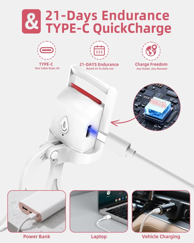Alt view image 6 of 7 - Heated Eyelash Curler,24H Long-Lasting Curls &Safe Anti-Burn,White | Electric Eyelash Curlers with Silicone Pad,5s Fast Heating, Type-C Quick Charge, Intelligent Temp Control