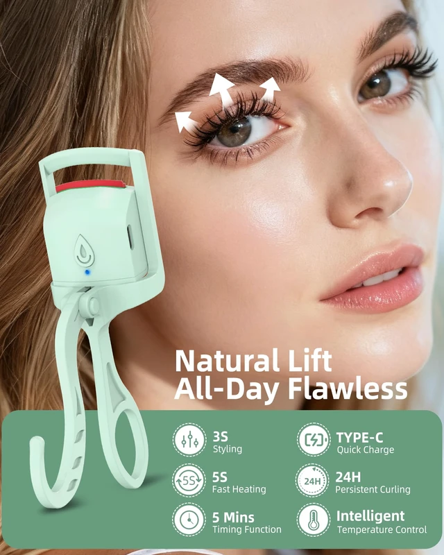 Alt view image 3 of 7 - Heated Eyelash Curler,24H Long-Lasting Curls &Safe Anti-Burn,Green | Electric Eyelash Curlers with Silicone Pad,5s Fast Heating, Type-C Quick Charge, Intelligent Temp Control