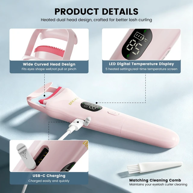 Alt view image 6 of 7 - Dual Head Heated Eyelash Curler, Mini USB-C Rechargeable Lash Curler, Electric Eye Lash Curler with 5 Heat Settings, 8s Fast Heating 24H Lift for Long-Lasting Natural Effortless Curves Eyelashes