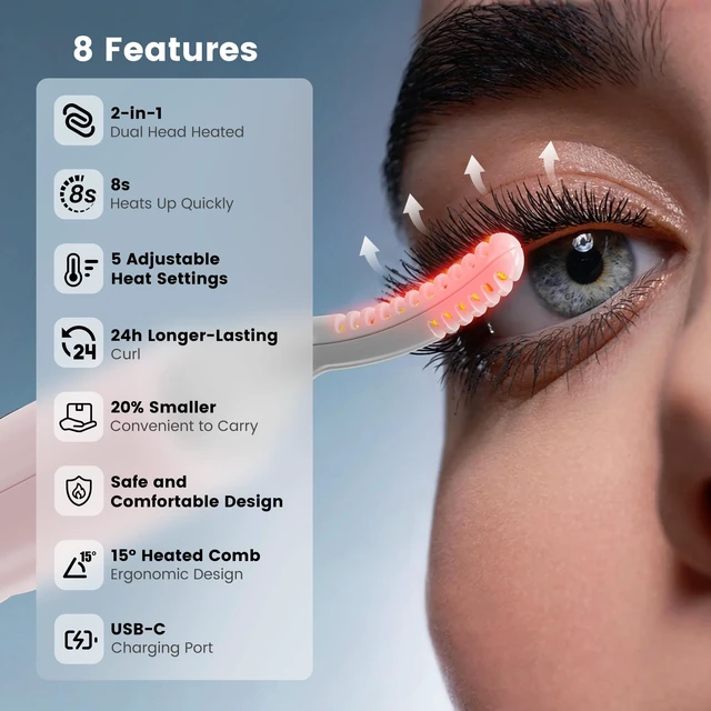 Alt view image 4 of 7 - Dual Head Heated Eyelash Curler, Mini USB-C Rechargeable Lash Curler, Electric Eye Lash Curler with 5 Heat Settings, 8s Fast Heating 24H Lift for Long-Lasting Natural Effortless Curves Eyelashes