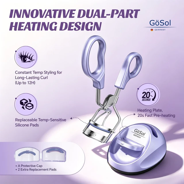 Alt view image 2 of 7 - Heated Eyelash Curler & Warming Base Set, Long-Lasting Curl, Anti-Burn Safe Electric Eye Lash Curler, Detachable Design, Constant Temp Control, Heat Sensitive Silicone Pad, USB Powered, 2 Refill Pads