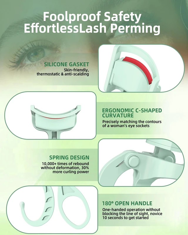 Alt view image 4 of 7 - Heated Eyelash Curler,24H Long-Lasting Curls &Safe Anti-Burn,Green | Electric Eyelash Curlers with Silicone Pad,5s Fast Heating, Type-C Quick Charge, Intelligent Temp Control