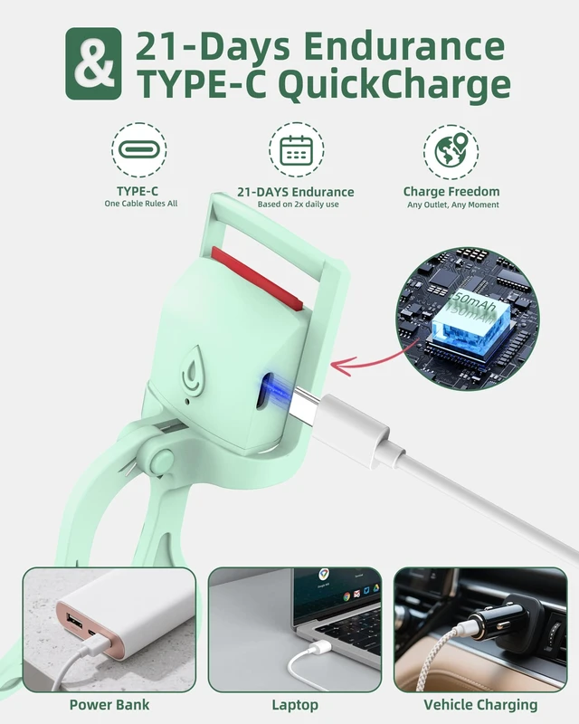 Alt view image 7 of 7 - Heated Eyelash Curler,24H Long-Lasting Curls &Safe Anti-Burn,Green | Electric Eyelash Curlers with Silicone Pad,5s Fast Heating, Type-C Quick Charge, Intelligent Temp Control
