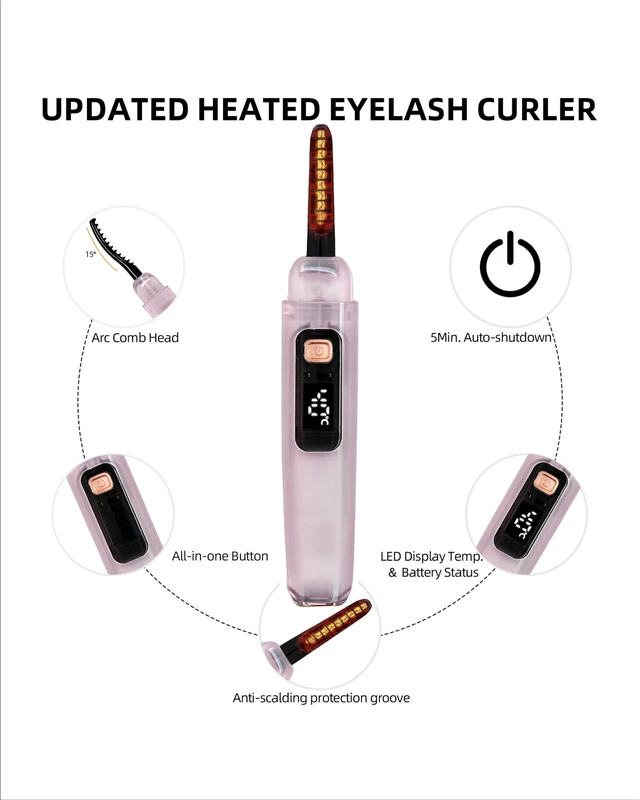 Alt view image 5 of 7 - Heated Eyelash Curler, Eye Lash Curler Heated for Women's Lift Misty Pink USB-C Rechargeable Electric Eyelash Curler, 6 Temp Settings, Fast Heat, Safe Design, Travel Curler & Daily Use Rose Accent