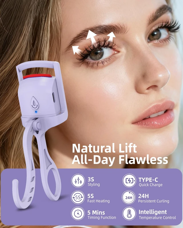 Alt view image 3 of 7 - Heated Eyelash Curler,24H Long-Lasting Curls &Safe Anti-Burn,Purple | Electric Eyelash Curlers with Silicone Pad,5s Fast Heating, Type-C Quick Charge, Intelligent Temp Control