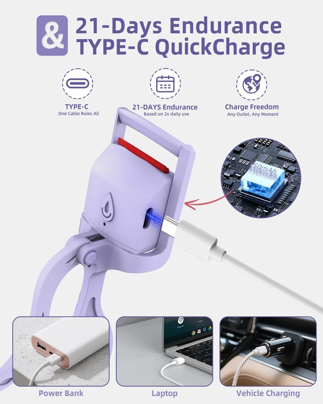Alt view image 7 of 7 - Heated Eyelash Curler,24H Long-Lasting Curls &Safe Anti-Burn,Purple | Electric Eyelash Curlers with Silicone Pad,5s Fast Heating, Type-C Quick Charge, Intelligent Temp Control