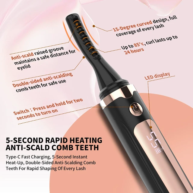 Alt view image 5 of 7 - 2PCS Heated Eyelash Curler, 4 Heat Settings, 5-Sec Heat-Up - Black | USB-C rechargeable,4 heat settings, LED display, curved comb for lifted, defined lashes