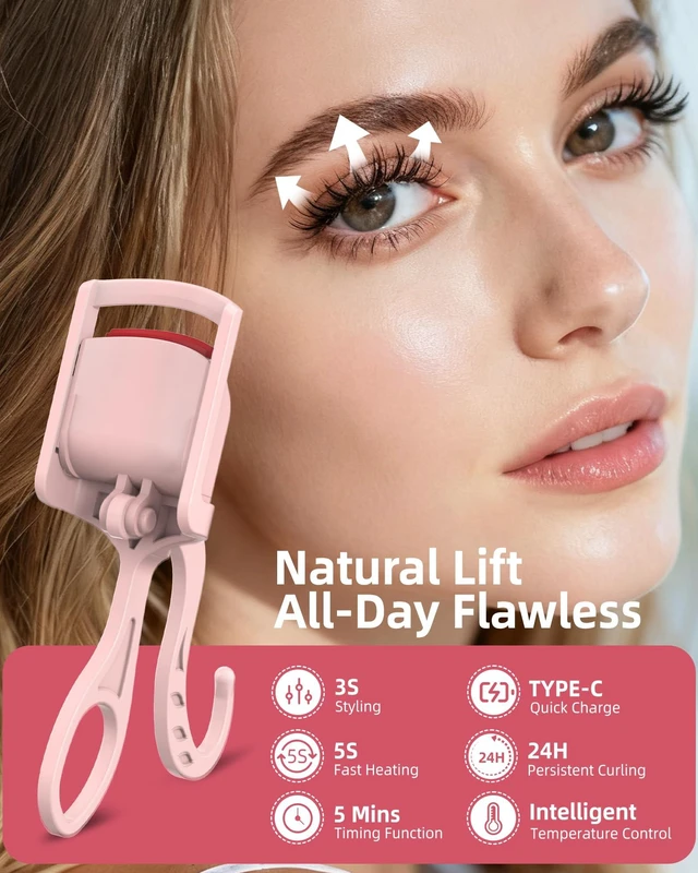 Alt view image 3 of 7 - Heated Eyelash Curler,24H Long-Lasting Curls &Safe Anti-Burn (Pink) | Electric Eyelash Curlers with Silicone Pad,5s Fast Heating, Type-C Quick Charge, Intelligent Temp Control