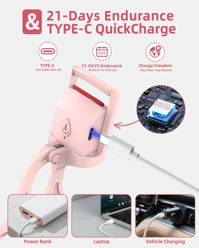 Alt view image 7 of 7 - Heated Eyelash Curler,24H Long-Lasting Curls &Safe Anti-Burn (Pink) | Electric Eyelash Curlers with Silicone Pad,5s Fast Heating, Type-C Quick Charge, Intelligent Temp Control