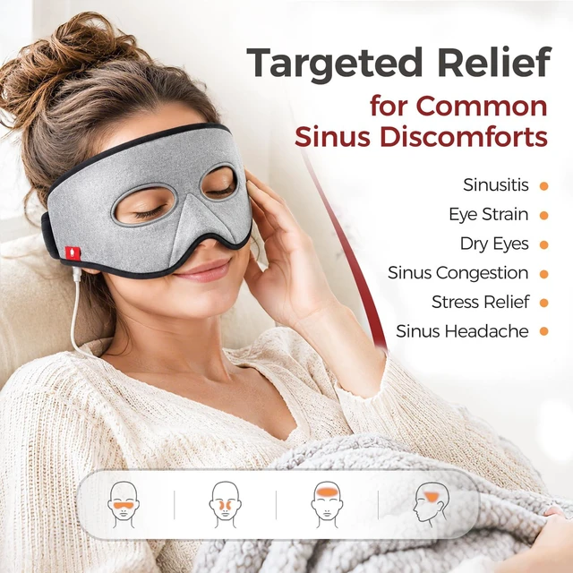 Alt view image 2 of 7 - Heated Sinus Mask for Sinus Pressure Relief, Custom-Fit for Nose | Face heating pad with 3 heat levels, warm compress for sinusitis, tension headache, migraine relief, USB powered, gray