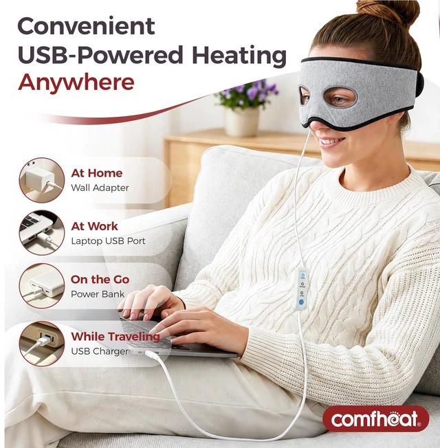 Alt view image 6 of 7 - Heated Sinus Mask for Sinus Pressure Relief, Custom-Fit for Nose | Face heating pad with 3 heat levels, warm compress for sinusitis, tension headache, migraine relief, USB powered, gray