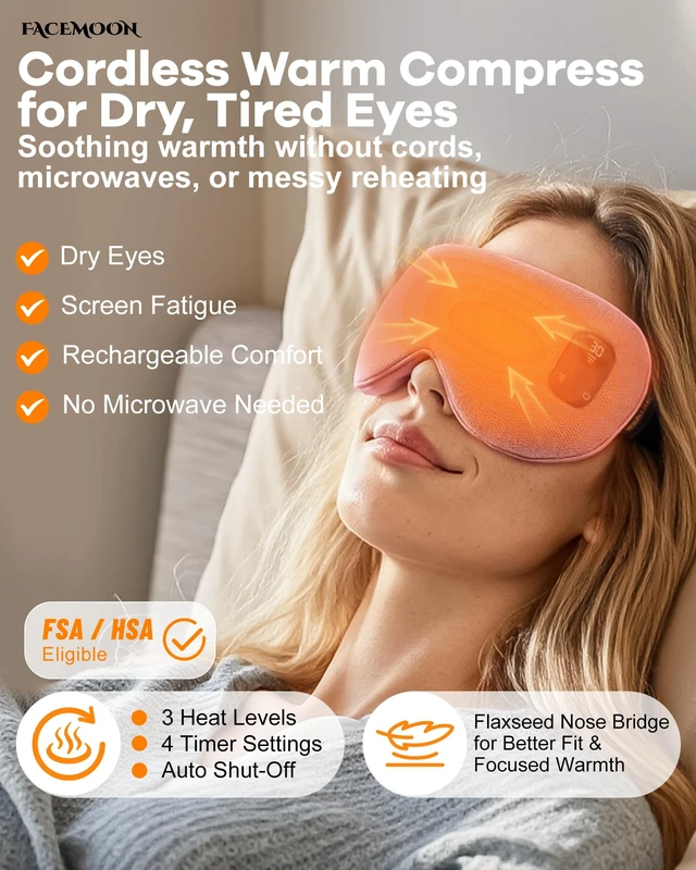 Alt view image 2 of 7 - Cordless Heated Eye Mask for Dry, Tired Eyes, Hot Compress with Flaxseed Nose Bridge for Better Blackout & Focused Warmth, Rechargeable Warm 3 Heat Levels, 4 Timers, No Microwave Needed, Pink