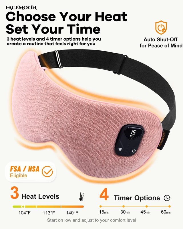 Alt view image 5 of 7 - Cordless Heated Eye Mask for Dry, Tired Eyes, Hot Compress with Flaxseed Nose Bridge for Better Blackout & Focused Warmth, Rechargeable Warm 3 Heat Levels, 4 Timers, No Microwave Needed, Pink