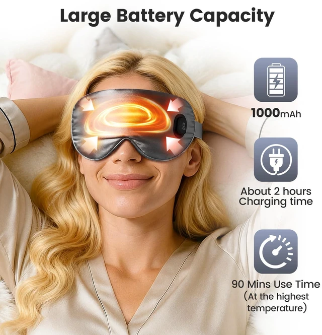 Alt view image 5 of 7 - Cordless Heated Eye Mask for Dry Eyes, Rechargeable Heat Sleep Mask, Grey | Blocking Light Warm Compress with 3 Temperature Settings, 1000mAh Electric Eye Heating Pad for Sleeping, Washable