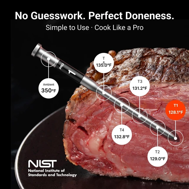 Alt view image 4 of 7 - 3000FT Wireless Meat Thermometer, No App Needed, 2 Probes | Sub-1G Long Range, Digital Smart Base, 6 Sensors NIST Accuracy, IPX8, BBQ Smoker Grill Oven Brisket Steak Turkey Pork Roast