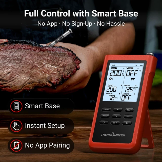 Alt view image 2 of 7 - 3000FT Wireless Meat Thermometer, No App Needed, 2 Probes | Sub-1G Long Range, Digital Smart Base, 6 Sensors NIST Accuracy, IPX8, BBQ Smoker Grill Oven Brisket Steak Turkey Pork Roast