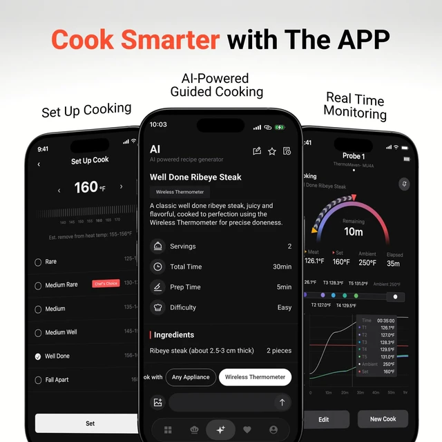 Alt view image 5 of 7 - Smart WiFi Wireless Meat Thermometer for Grilling with 2 Probes | Standalone Base, 6 Sensors, NIST Certified Accurate to ±0.5, 1000ft Wireless Connection, for BBQ/Smoke/Oven