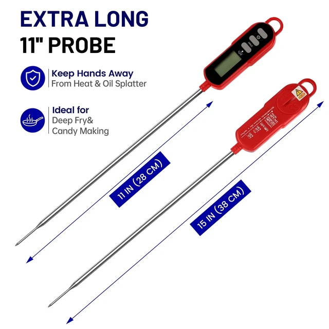 Alt view image 2 of 7 - Digital Candy Thermometer with Pot Clip, 11-Inch Probe, Red | 23 second instant read, IPX6 waterproof, backlit display, extra-long probe, for candy making, deep frying, oil and meat
