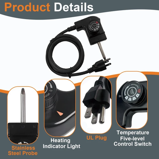 Alt view image 4 of 7 - Adjustable Thermostat Probe Cord Compatible with Electric Smokers, Griddles | Probe Cord Compatible with Fryers & More Electric Skillet Cord Replacement, 15A/125V Power Cord with Temperature Control