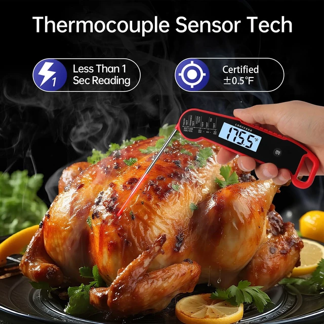 Alt view image 2 of 7 - Instant-Read Meat Thermometer, 1-Second, ±0.5°F Accuracy, Red | Professional Thermocouple Sensor, IP67 Waterproof, Auto-Rotating Backlit Display, Motion-Activated Wake Function for Cooking