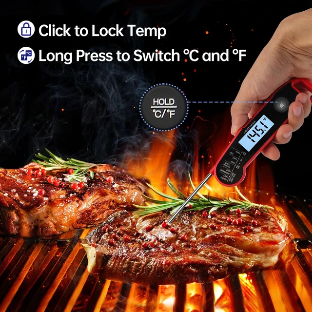 Alt view image 3 of 7 - Instant-Read Meat Thermometer, 1-Second, ±0.5°F Accuracy, Red | Professional Thermocouple Sensor, IP67 Waterproof, Auto-Rotating Backlit Display, Motion-Activated Wake Function for Cooking