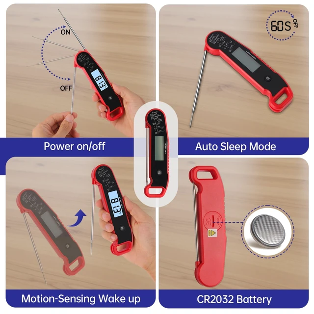 Alt view image 5 of 7 - Instant-Read Meat Thermometer, 1-Second, ±0.5°F Accuracy, Red | Professional Thermocouple Sensor, IP67 Waterproof, Auto-Rotating Backlit Display, Motion-Activated Wake Function for Cooking
