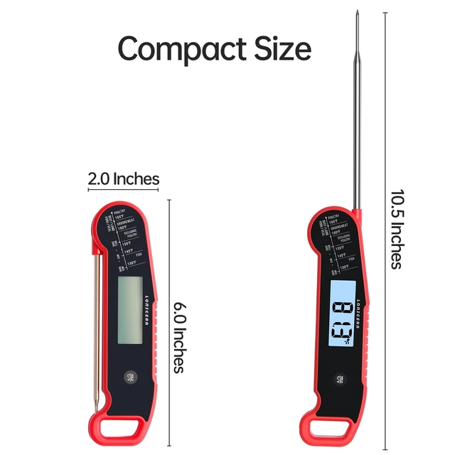 Alt view image 7 of 7 - Instant-Read Meat Thermometer, 1-Second, ±0.5°F Accuracy, Red | Professional Thermocouple Sensor, IP67 Waterproof, Auto-Rotating Backlit Display, Motion-Activated Wake Function for Cooking