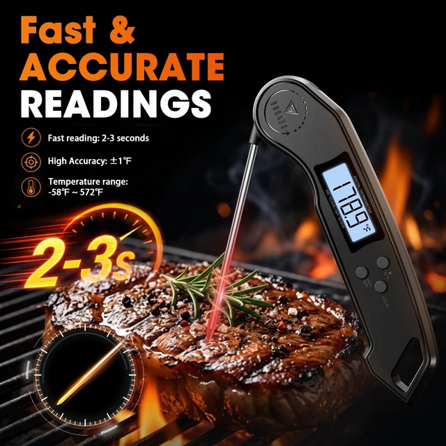 Alt view image 2 of 7 - Meat Thermometer Digital 2 Sec Instant Read Food Thermometer for Cooking | Bright Backlit Display, Foldable Probe, Magnetic Storage Kitchen Gadgets Essentials for BBQ Oven Grill Smoker Candy Gift