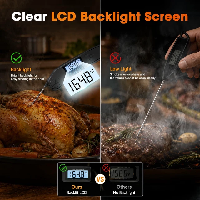 Alt view image 3 of 7 - Meat Thermometer Digital 2 Sec Instant Read Food Thermometer for Cooking | Bright Backlit Display, Foldable Probe, Magnetic Storage Kitchen Gadgets Essentials for BBQ Oven Grill Smoker Candy Gift