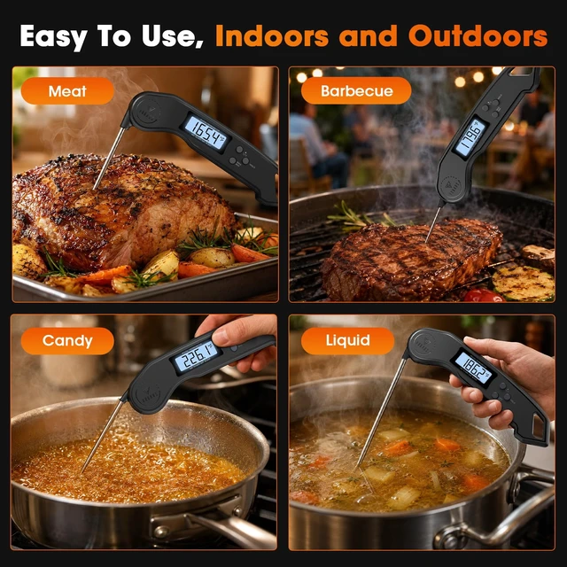 Alt view image 5 of 7 - Meat Thermometer Digital 2 Sec Instant Read Food Thermometer for Cooking | Bright Backlit Display, Foldable Probe, Magnetic Storage Kitchen Gadgets Essentials for BBQ Oven Grill Smoker Candy Gift