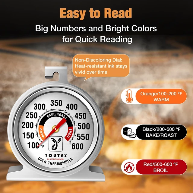 Alt view image 3 of 7 - 2-Pack Oven Thermometer, Upgraded 100-600°F No-Holes Non-Discoloring Easy-to-Clean for Healthier Cooking, Easy-to-Read with Large Bright Numbers for Gas & Electric Ovens, Grills, and Smokers