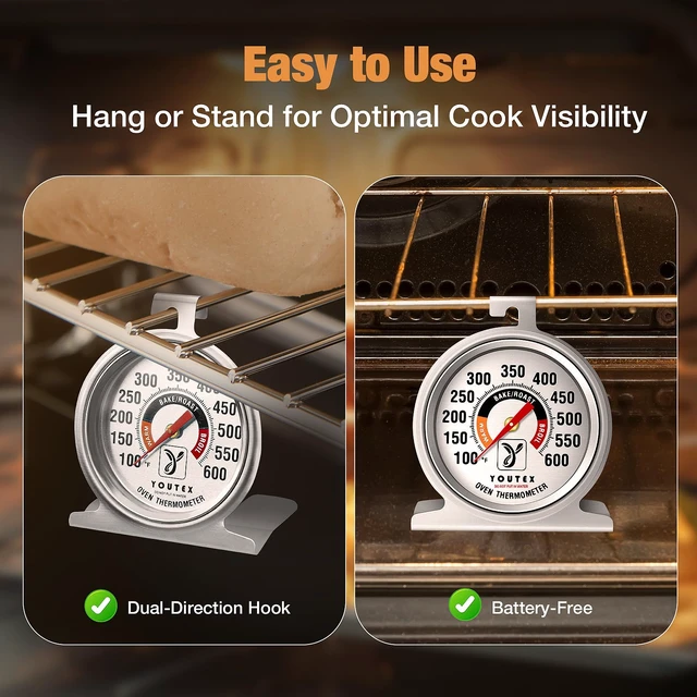 Alt view image 4 of 7 - 2-Pack Oven Thermometer, Upgraded 100-600°F No-Holes Non-Discoloring Easy-to-Clean for Healthier Cooking, Easy-to-Read with Large Bright Numbers for Gas & Electric Ovens, Grills, and Smokers
