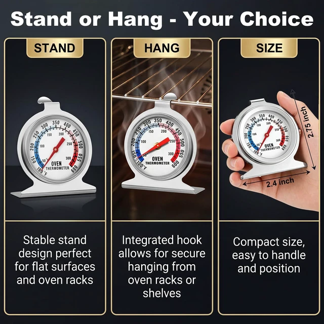 Alt view image 3 of 7 - Oven Thermometer for Gas & Electric Ovens, 100°F-600°F | Precision Mechanical Thermometer with Hanging Hook & Stand, Perfect Inside Oven Thermometer for Baking, Grilling, Air Fryers