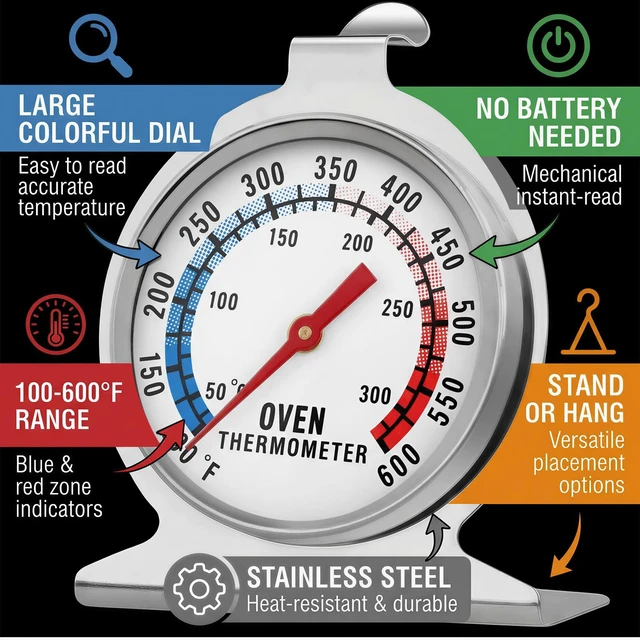 Alt view image 4 of 7 - Oven Thermometer for Gas & Electric Ovens, 100°F-600°F | Precision Mechanical Thermometer with Hanging Hook & Stand, Perfect Inside Oven Thermometer for Baking, Grilling, Air Fryers
