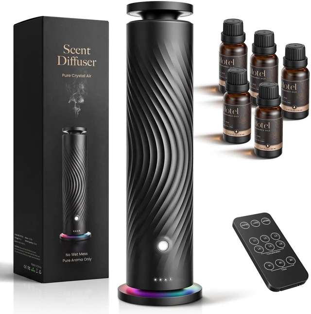 Main image of Waterless Essential Oil Diffuser for Home, Starter Kit with 5 Oils | 5 x 20 mL Hotel-Inspired Oils, Remote Control, 6 Mist Levels, Quiet Operation, 7-Color Light, Covers Up to 1,000 sq. ft.