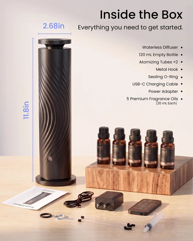 Alt view image 3 of 7 - Waterless Essential Oil Diffuser for Home, Starter Kit with 5 Oils | 5 x 20 mL Hotel-Inspired Oils, Remote Control, 6 Mist Levels, Quiet Operation, 7-Color Light, Covers Up to 1,000 sq. ft.
