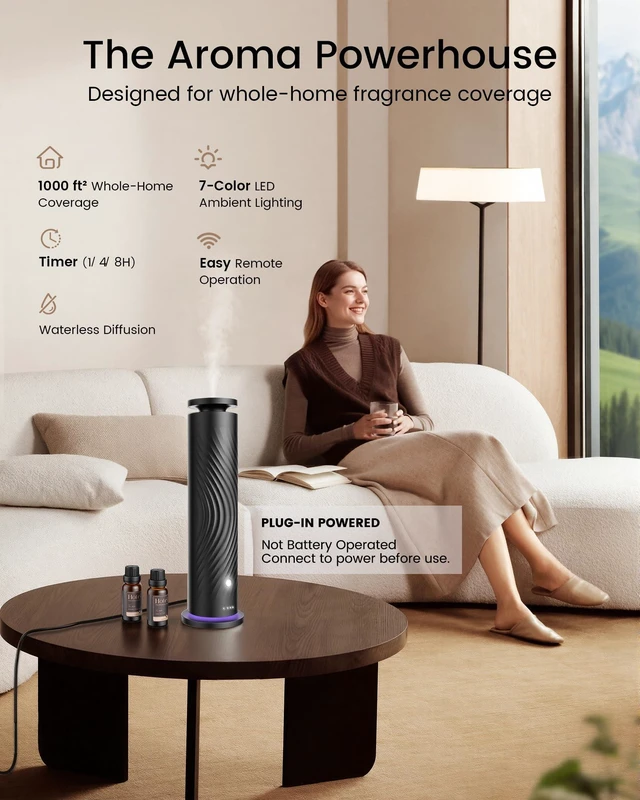 Alt view image 2 of 7 - Waterless Essential Oil Diffuser for Home, Starter Kit with 5 Oils | 5 x 20 mL Hotel-Inspired Oils, Remote Control, 6 Mist Levels, Quiet Operation, 7-Color Light, Covers Up to 1,000 sq. ft.