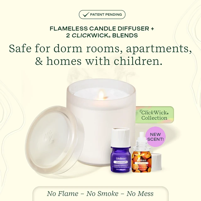 Alt view image 2 of 6 - Flameless Candle Diffuser with 2 Clickwick Essential Oil Blends | Cordless & Waterless Diffuser for Home - Scented Electric Candles Blow Out Flame - Frosted Cream