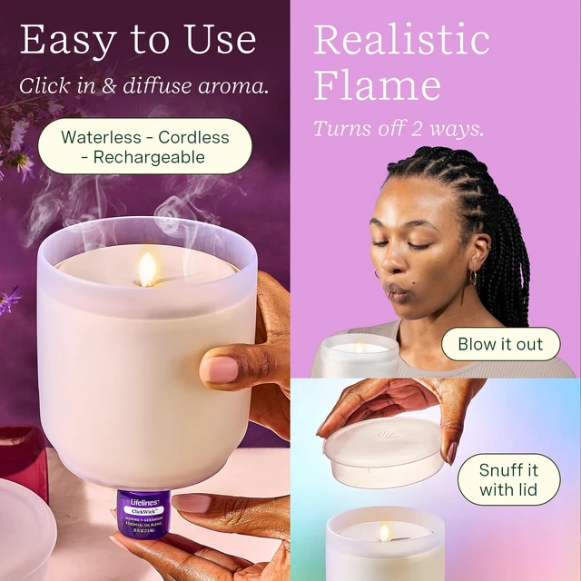 Alt view image 3 of 6 - Flameless Candle Diffuser with 2 Clickwick Essential Oil Blends | Cordless & Waterless Diffuser for Home - Scented Electric Candles Blow Out Flame - Frosted Cream