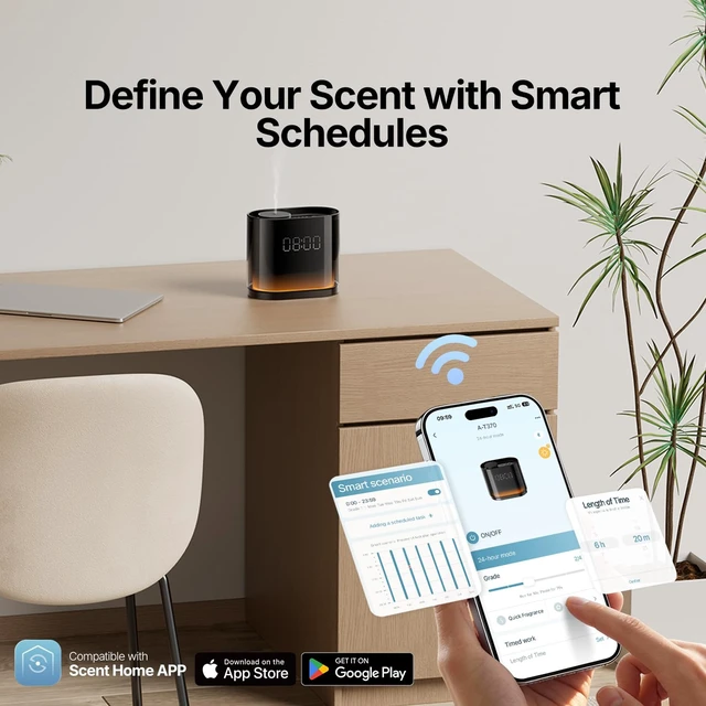 Alt view image 4 of 7 - Smart Waterless Essential Oil Diffuser with 4 HotelInspired Oils | Touch & App Control, Light, ClockMilitary Time & Schedule Corded Electric Air Scent Diffuser Starter Kit for Home Office