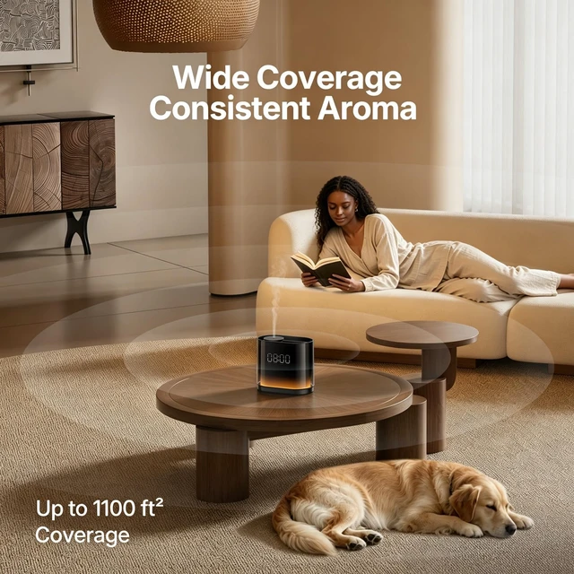 Alt view image 3 of 7 - Smart Waterless Essential Oil Diffuser with 4 HotelInspired Oils | Touch & App Control, Light, ClockMilitary Time & Schedule Corded Electric Air Scent Diffuser Starter Kit for Home Office