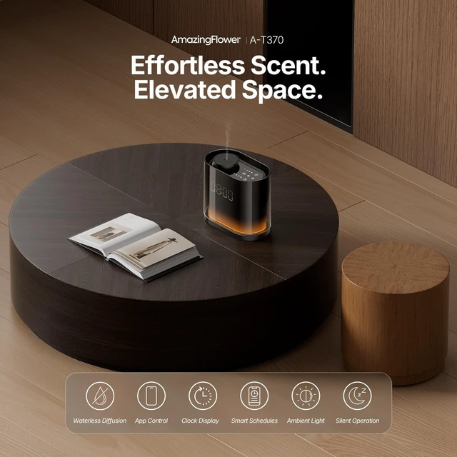 Alt view image 2 of 7 - Smart Waterless Essential Oil Diffuser with 4 HotelInspired Oils | Touch & App Control, Light, ClockMilitary Time & Schedule Corded Electric Air Scent Diffuser Starter Kit for Home Office
