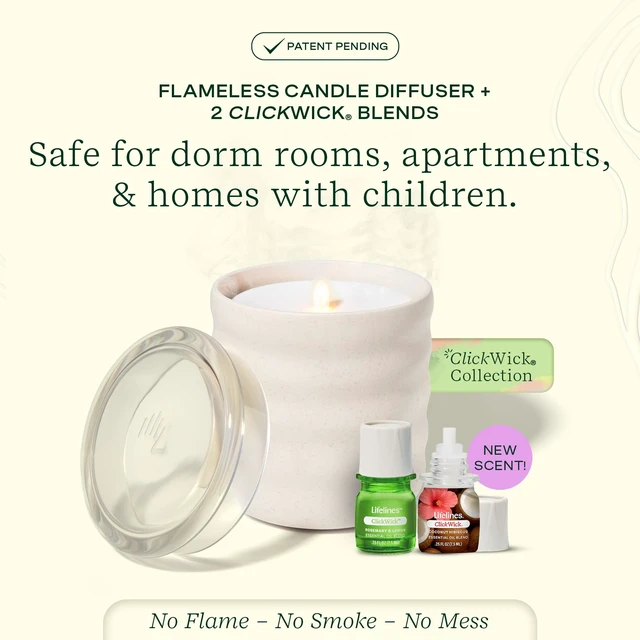 Alt view image 2 of 6 - Flameless Candle Diffuser with 2 Clickwick Essential Oil Blends | Cordless & Waterless Diffuser for Home - Scented Electric Candles Blow Out Flame - Bubble Cream