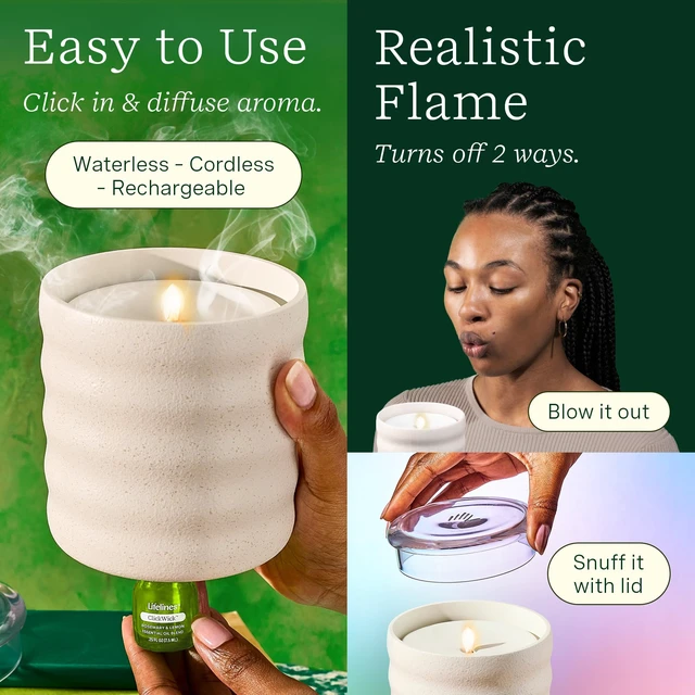 Alt view image 3 of 6 - Flameless Candle Diffuser with 2 Clickwick Essential Oil Blends | Cordless & Waterless Diffuser for Home - Scented Electric Candles Blow Out Flame - Bubble Cream