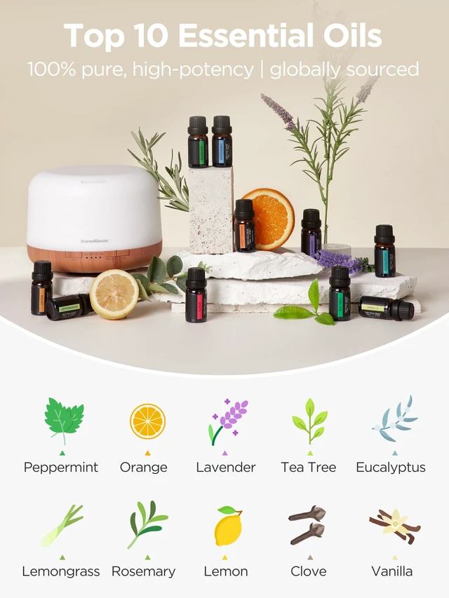 Alt view image 4 of 7 - 500ml Aromatherapy Diffuser for Home 10 Essential Oil Set, Yellow | Gift Set, Remote Control, Automatic Shut-Off, 4 Timers, Quiet, Run up to 18hrs, Cool Mist Humidifier, Large Room, Easy to Use