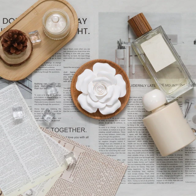 Alt view image 4 of 5 - Flower Rose Ceramic Essential Oil Mini Diffuser, Wooden Pallet | Handmade Flower Rose Ceramic Non-Electric Passive Aromatherapy Diffuser, Decorative Diffusers for Desk/Office/Home Room/Gift