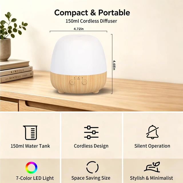 Alt view image 2 of 7 - 150ML Rechargeable Cordless Essential Oil Diffuser with Timer | Quiet aromatherapy diffuser with 2 mist modes, 7-color LED light and waterless auto shut-off for bedrooms and travel.