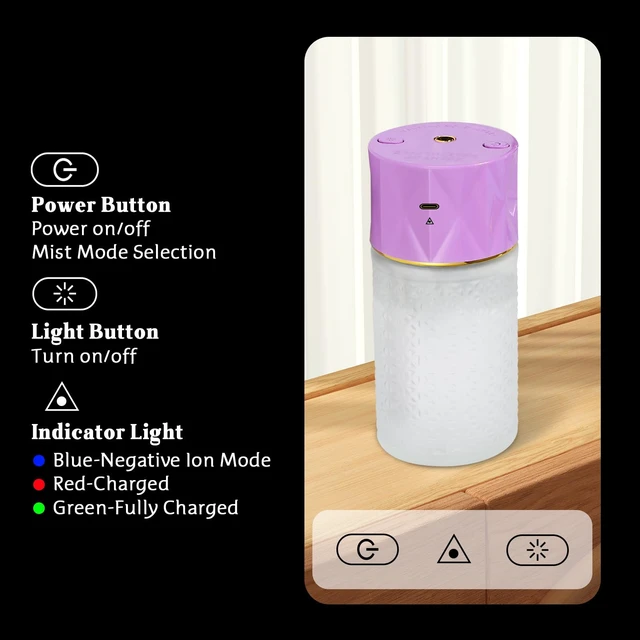 Alt view image 6 of 7 - Lavender Cool Mist Humidifier, 8.45 fl oz Aroma Diffuser | Adjustable Mode, USB Rechargeable, Negative Ion Generator, Auto-Off, 3-IN-1 Oil Diffusers for Bedroom Car Office Automotive