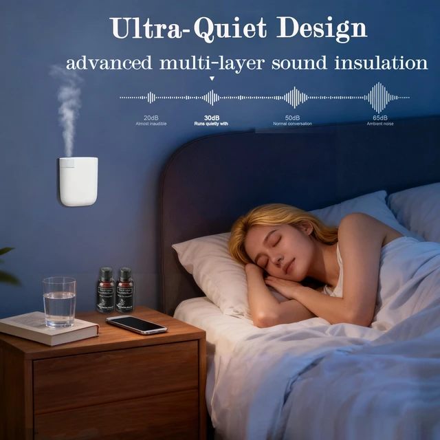 Alt view image 6 of 7 - Waterless Diffuser for Essential Oil, Plug in Wall Scent Diffuser for Home, Quiet Cold Air Aromatherapy Diffuser with 500 Sq Ft Coverage, Includes 2×30ml Hotel-Inspired Oils (White)