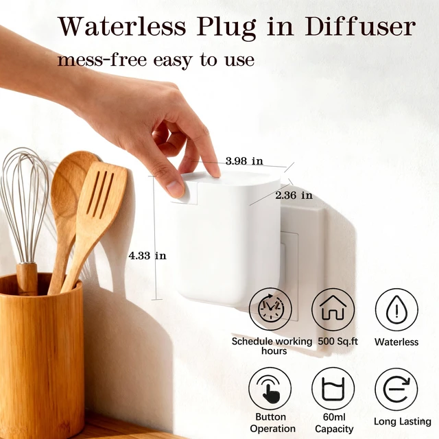 Alt view image 3 of 7 - Waterless Diffuser for Essential Oil, Plug in Wall Scent Diffuser for Home, Quiet Cold Air Aromatherapy Diffuser with 500 Sq Ft Coverage, Includes 2×30ml Hotel-Inspired Oils (White)